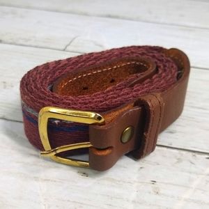 Fashion Men 38.5in Striped Fabric Leather Ends Adjustable Belt Goldtone Buckle